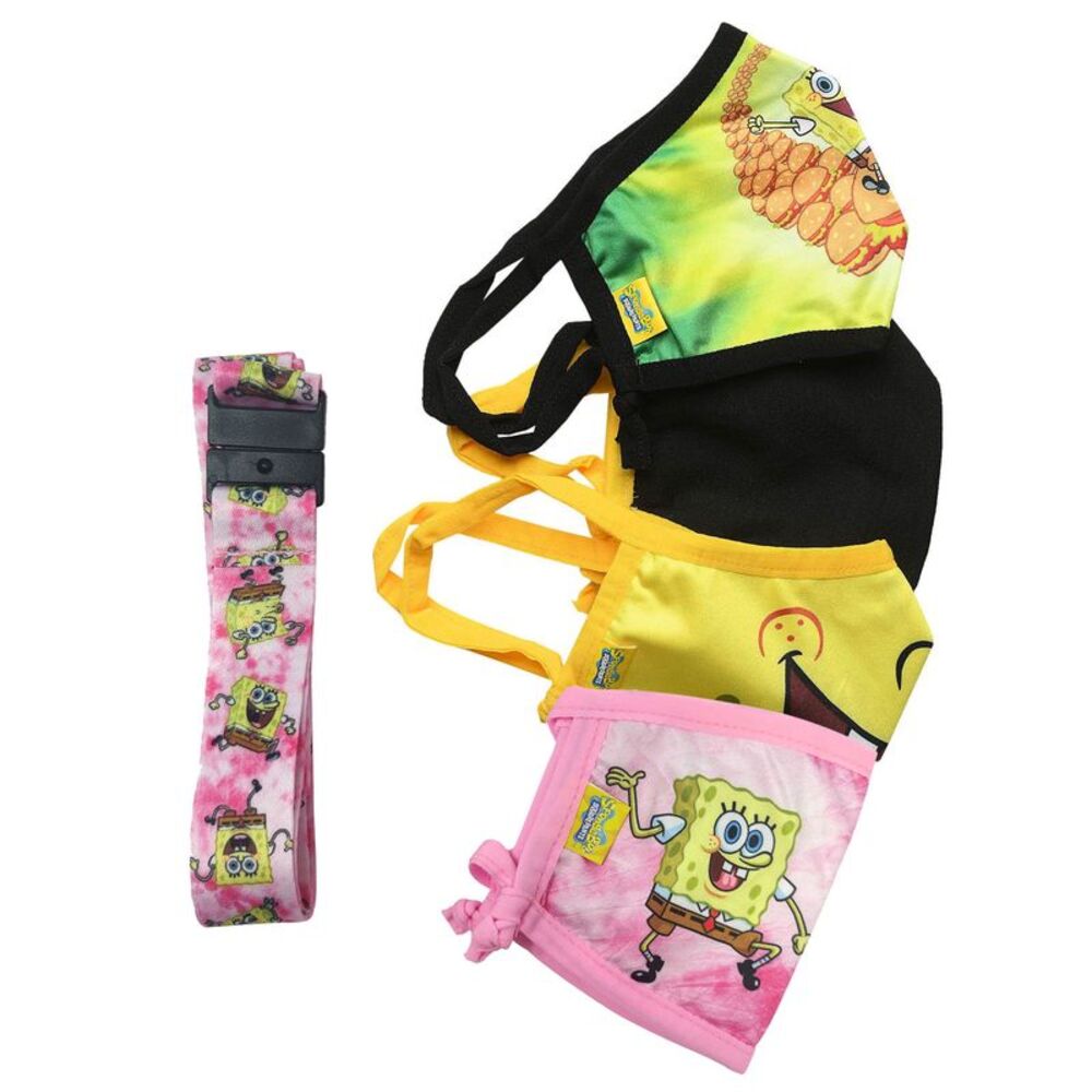 New Spongebob Squarepants Smile 4 Pack Reusable Face Masks w/ Pink Neck Strap